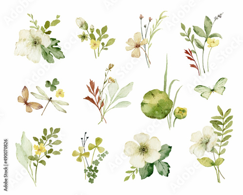 Fotografie, Obraz Watercolor vector bouquet set with green foliage and flowers.