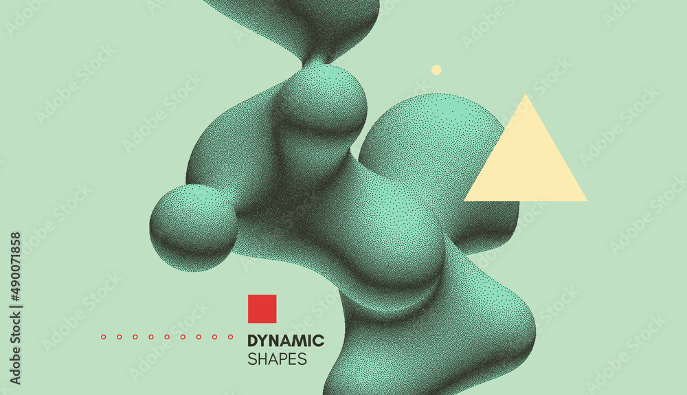 Abstract three-dimensional composition in dotwork style. Pointillism graphic. Dot stipple design. 3D vector illustration with dynamic effect. Template for banner, flyer, poster, cover or brochure.