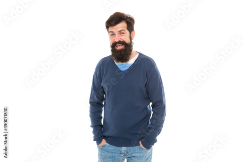 happy mature guy with beard isolated on white background, fashion