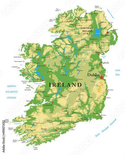 Billede på lærred Ireland highly detailed physical map