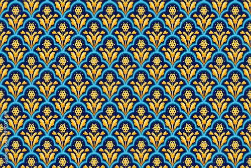 Yellow Flower on Navy Blue  White Geometric ethnic oriental pattern traditional Design for background carpet wallpaper clothing wrapping Batik fabric  illustration embroidery style