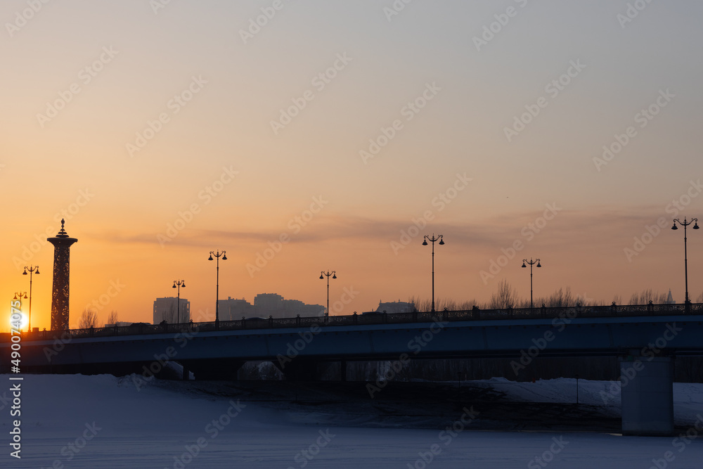 Sunset over Maral bridge. Nur-sultan, Kazakhstan.