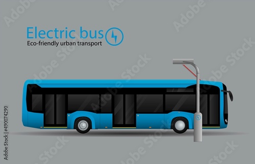 Electric bus at the charging station. A new type of ecological urban transport. Side view.