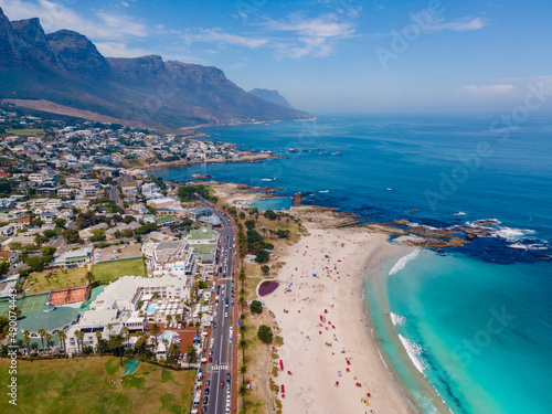 Camps Bay beach Cape Town from above with drone aerial view, Camps Bay Cape Town South Africa. 