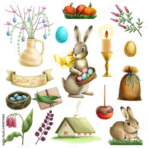 Easter cartoon set with painted eggs, cupcakes, and candles.Colored stickers for projects and prints