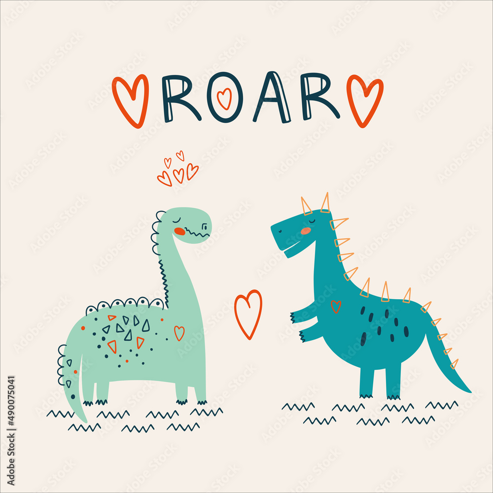 Cute hand drawn dinosaur say ROAR with lettering. Cartoon dino illustration in scandinavian style. vector apparel print Cute hand drawn dinosaur say ROAR with lettering. Cartoon dino illustration in scandinavian style. vector apparel print