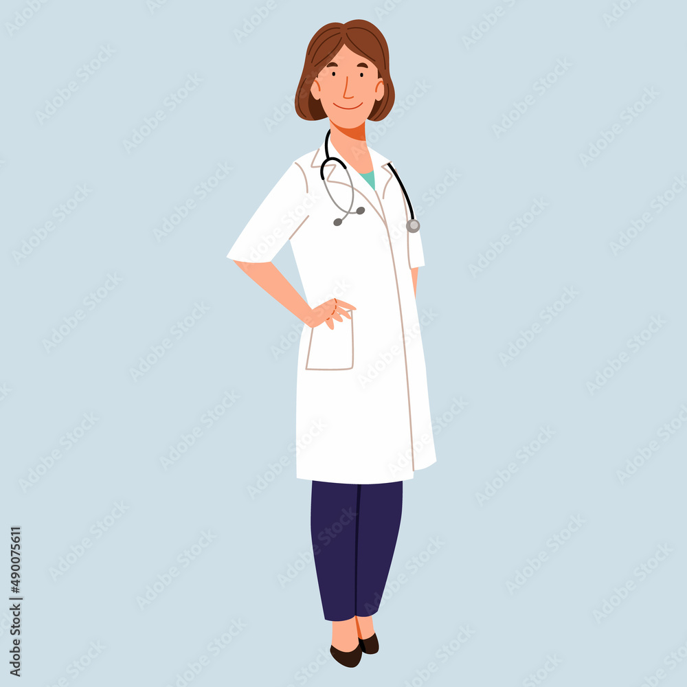 The character of a full-length European female doctor. Vector illustration in a flat style on the topic of medicine. The character of a full-length European female doctor. Vector illustration in a flat style on the topic of medicine.