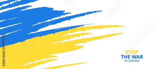 Stop the war in Ukraine inscription, Patriotic Ukraine flag shape vector icon. Ukrainian country symbols in blue yellow ua national colors on horizontal panorama banner background. Vector illustration