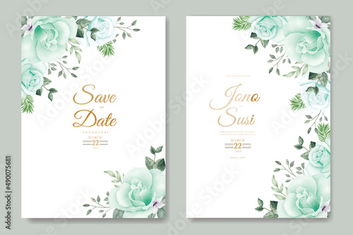 Wedding invitation card with floral leaves watercolor