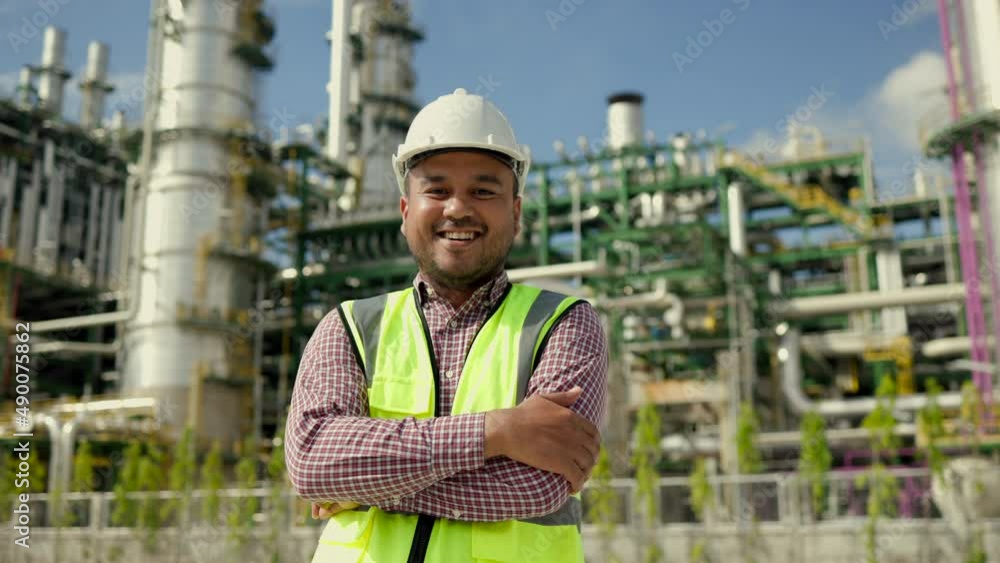 Asian engineer man with white safety helmet standing front of oil refinery. Industry zone gas petrochemical. Factory oil storage tank and pipeline. Workers work in the refinery construction building. Asian engineer man with white safety helmet standing front of oil refinery. Industry zone gas petrochemical. Factory oil storage tank and pipeline. Workers work in the refinery construction building.