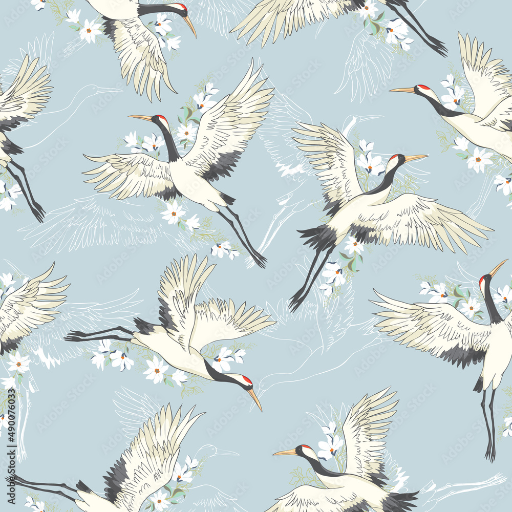 Obraz premium Decorative kimono floral motif background pattern with crane and flowers