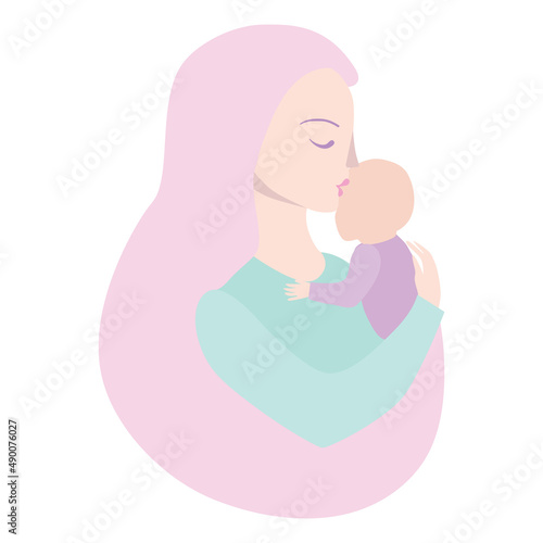 Vector Illustration Of Mother Holding Baby Son In Arms.
