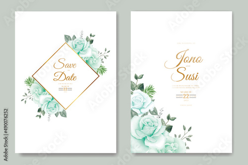 Wedding invitation card with floral leaves watercolor