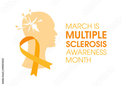 March is Multiple Sclerosis Awareness Month vector. Orange awareness ribbon and man head with multiple sclerosis vector