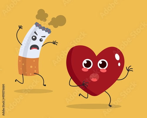 heart run away from cigarette cartoon. stop smoking to healthy heart concept. vector illustration