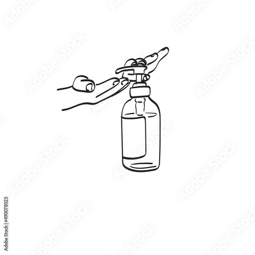 Hand sanitizer alcohol gel rub clean hands hygiene prevention of coronavirus virus outbreak illustration vector hand drawn isolated on white background line art.