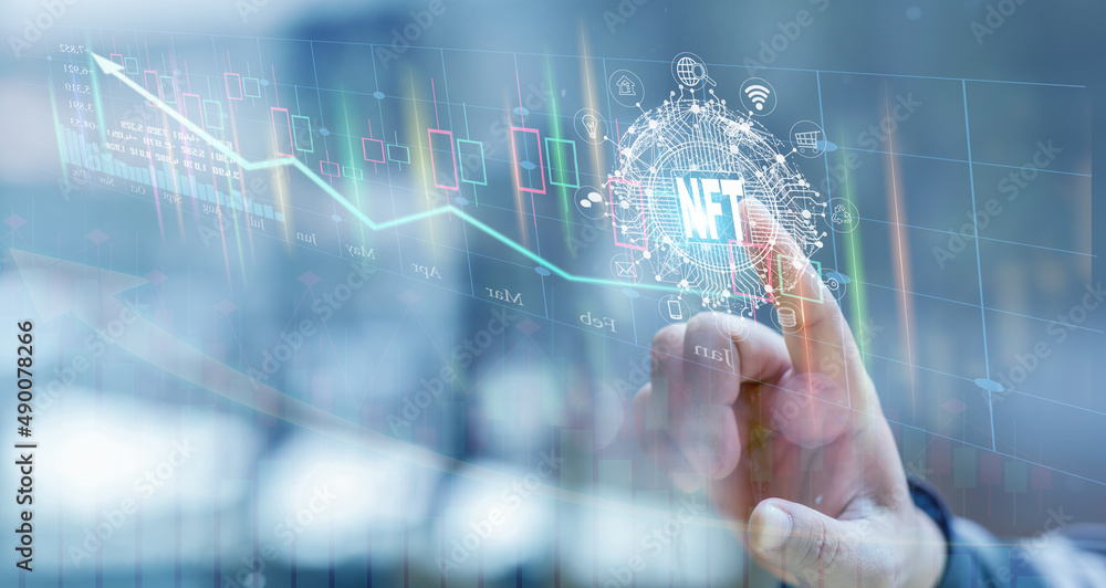 Close up of Businessman hand touch virtual screen, NFT token digital crypto art blockchain technology concept. Close up of Businessman hand touch virtual screen, NFT token digital crypto art blockchain technology concept.