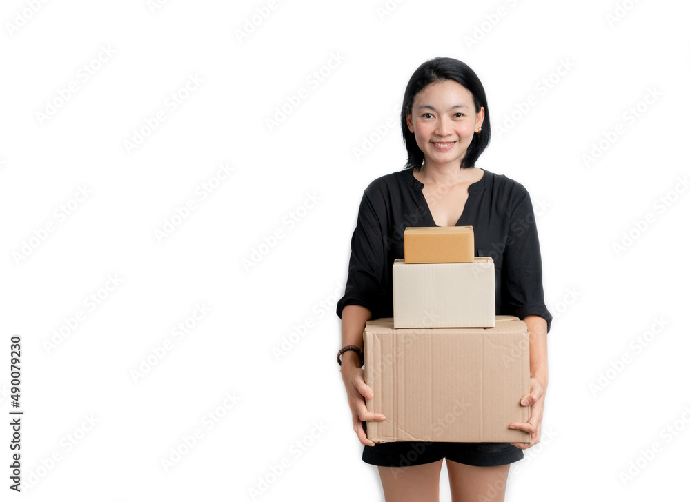 Asian woman holding cardboard boxes on isolated white background. Entrepreneur online concept Asian woman holding cardboard boxes on isolated white background. Entrepreneur online concept