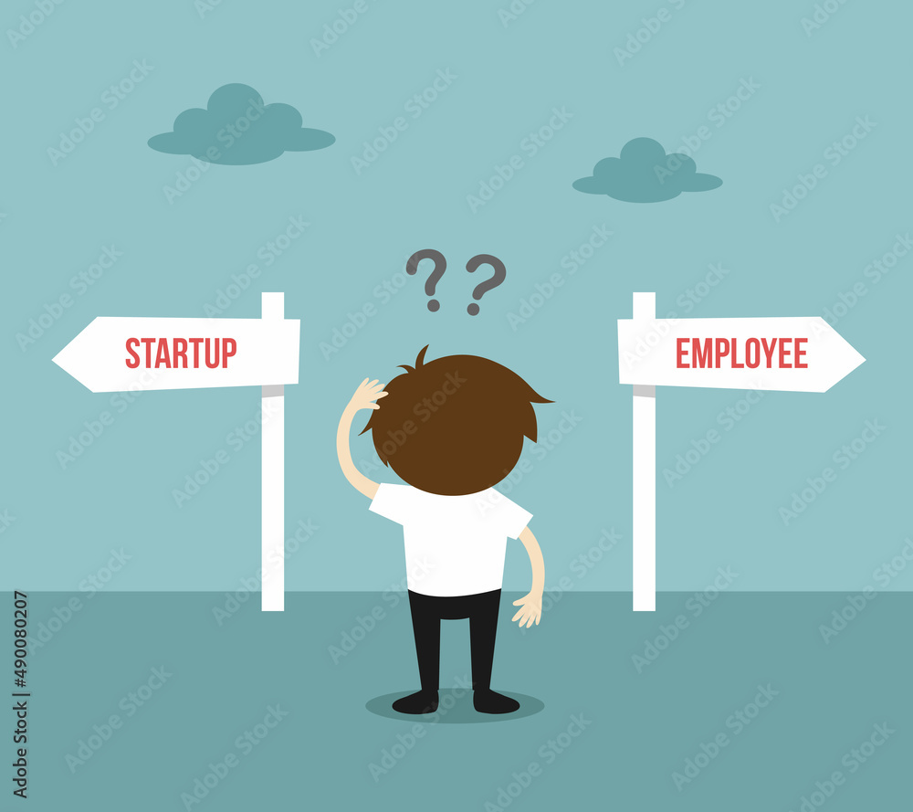 Businessman confused about two direction, between startup and employee. Vector illustration. Businessman confused about two direction, between startup and employee. Vector illustration.