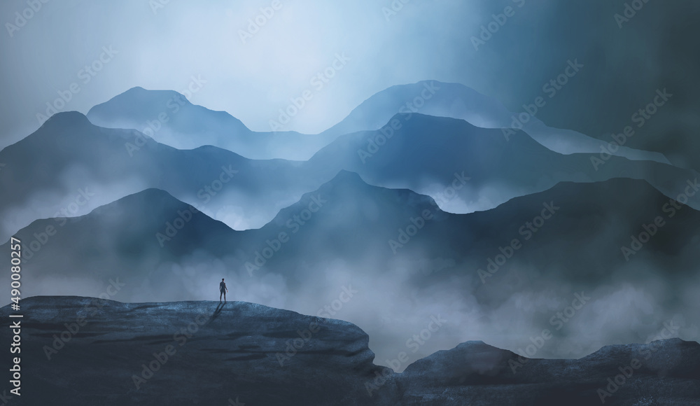 Man silhouette standing in mountain landscape with fog and moody sky. Texture dark digital painting, 3D rendering Man silhouette standing in mountain landscape with fog and moody sky. Texture dark digital painting, 3D rendering