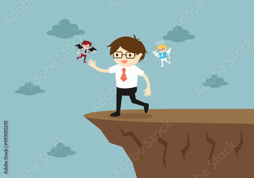 Businessman is walking to the cliff with angel and devil. Vector illustration.