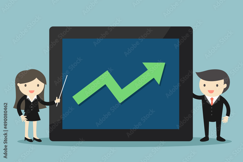 Cartoon business people holding tablet with green arrow goes up. Vector illustration. Cartoon business people holding tablet with green arrow goes up. Vector illustration.