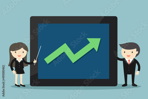 Cartoon business people holding tablet with green arrow goes up. Vector illustration.