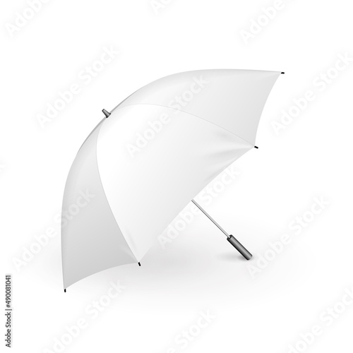 Mockup White Umbrella. Promotional Advertising Parasol. Mock Up, Template Isolated On White Background. Ready For Your Design. Product Advertising. Vector EPS10