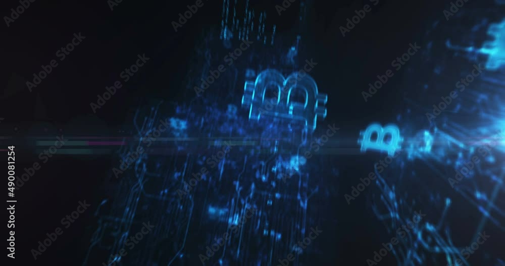 Bitcoin blockchain decentralized crypto currency and digital money mining symbol abstract cyber concept. Digital technology background seamless and loopable dynamic 3d animation.