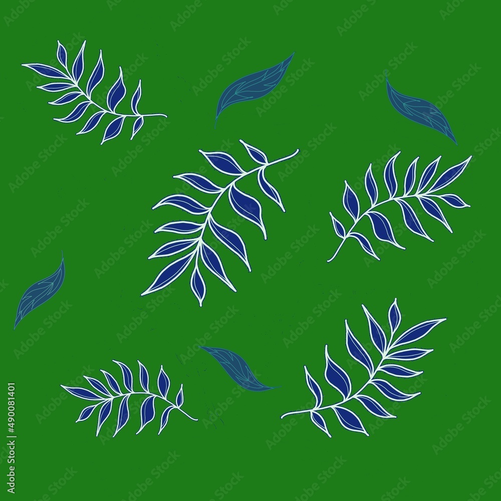 pattern with leaves, Leaves and branches on a green background