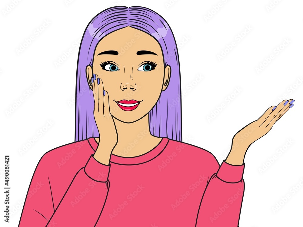 Smiling woman point to right. Comic woman. Wow face female. Vector illustration