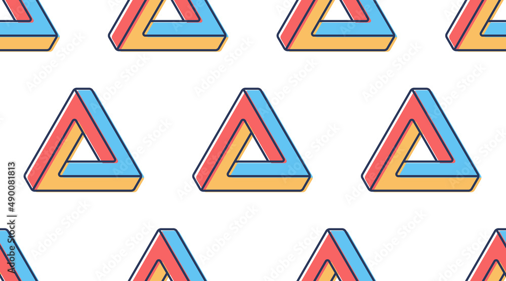 Seamless pattern penrose triangle icon. Impossible vector geometric shape object. Optical illusion illustration. Infinity 3D element Seamless pattern penrose triangle icon. Impossible vector geometric shape object. Optical illusion illustration. Infinity 3D element