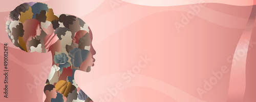 Profile of a silhouette group of many African-American or African women and girls form a woman head in profile. Female social network community. Racial equality. Ally. Empowerment. Banner