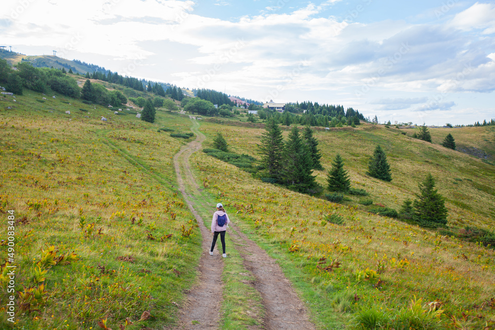 Little girl with backpack hike on mountain trail, beautiful summer day, mountain nature landscape. Children activity.