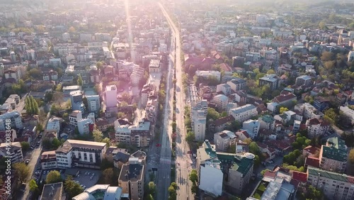 Aerial footage of Skopje, North Macedonia, with empty streets during full quarantine at the beginning of the worldwide covid 19 pandemic. View of boulevard Partizanski Odredi photo