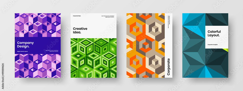 Multicolored pamphlet A4 design vector layout composition. Clean geometric tiles booklet concept set.