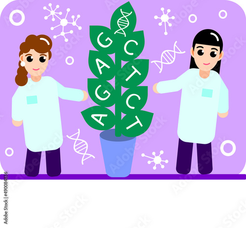 Two female scientists in the lab coats near a plant with nucleotide letters