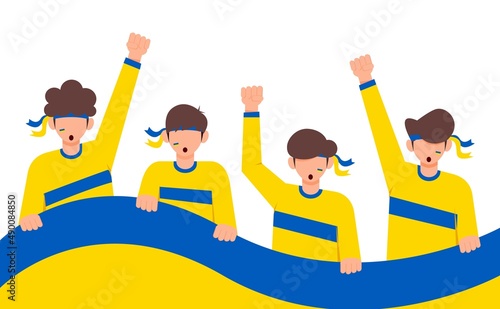 Save Ukraine, Stop War. Background vector illustration of Young people raising hands as demonstration act for defending ukraine against Russia attacks