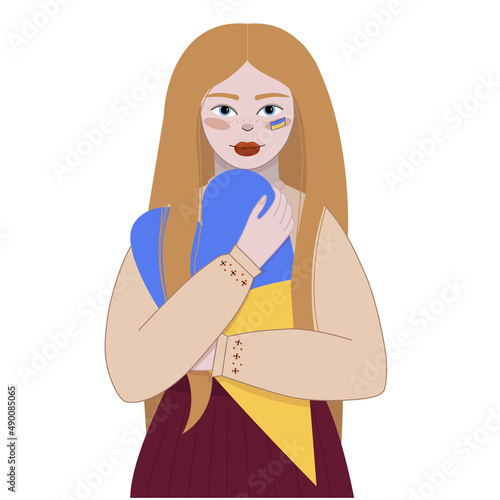 The girl with red hair in an embroidered shirt hugs a heart with the colors of the flag of Ukraine. Support for Ukraine. Save Ukraine. No war. Only peace in the world. Vector illustration