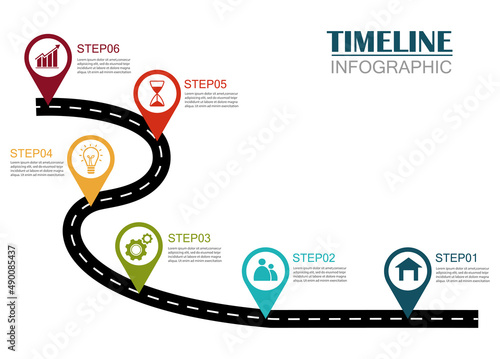 Company milestones timeline template with 6 option infographic. Business concept can be used for workflow layout and number steps. Point location on a curved road line.Vector illustration flat design.