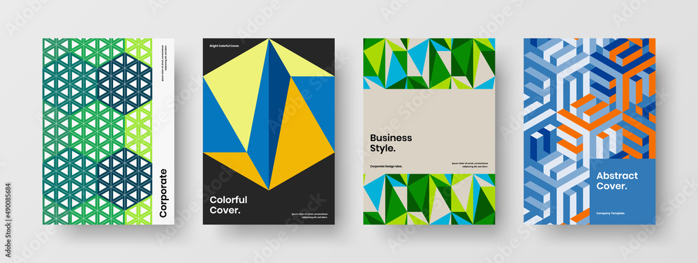 Modern mosaic tiles annual report illustration set. Amazing front page A4 design vector template composition.