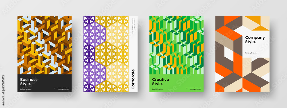 Fototapeta premium Trendy magazine cover vector design template bundle. Multicolored mosaic tiles annual report concept set.