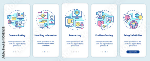 Digital skills onboarding mobile app screen. Computer systems walkthrough 5 steps graphic instructions pages with linear concepts. UI, UX, GUI template. Myriad Pro-Bold, Regular fonts used