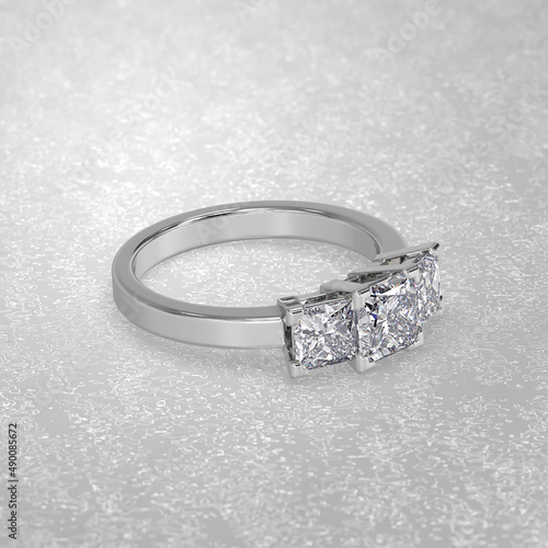 3 stone engagement ring laying down position in white gold 3D render photo