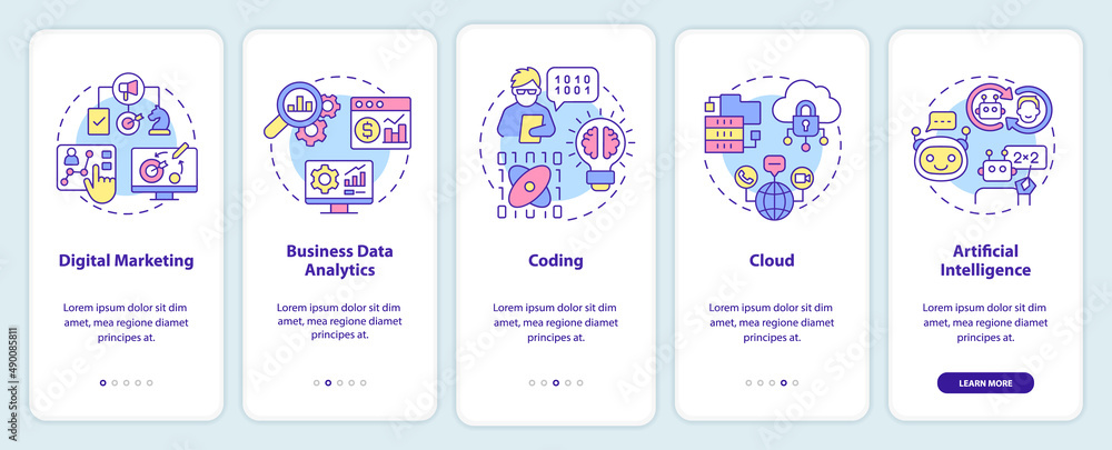 Major digital skills onboarding mobile app screen. Computer literacy walkthrough 5 steps graphic instructions pages with linear concepts. UI, UX, GUI template. Myriad Pro-Bold, Regular fonts used