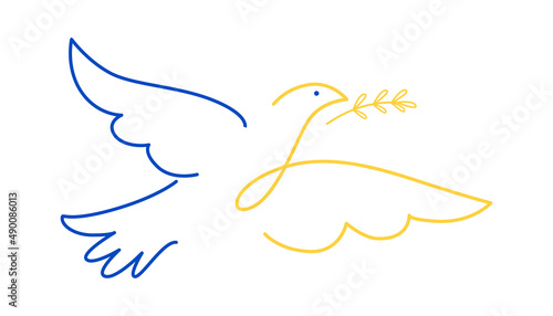 A linear dove with a branch in the colors of the Ukrainian flag. Vector illustration
