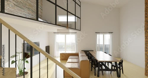 Modern living room with kitchen area. luxury two-level flat design. 3d animation