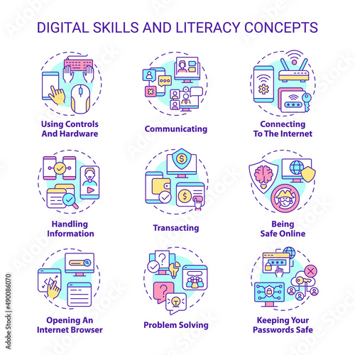 Digital literacy and skills concept icons set. Computer system. Cyberspace idea thin line color illustrations. Isolated symbols. Editable stroke. Roboto-Medium, Myriad Pro-Bold fonts used
