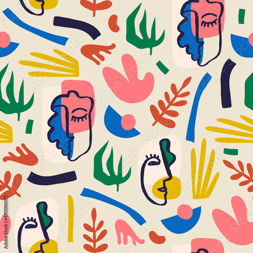 Vector art hand drawn collage Seamless pattern. Plants, geometric shapes, Modern abstract Faces. Background, Wallpaper. colorful modern style print, various shapes and doodle objects.