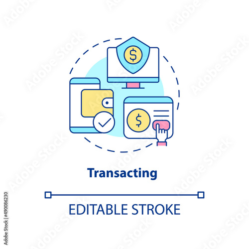 Transacting concept icon. Online banking. Money management. Digital skills abstract idea thin line illustration. Isolated outline drawing. Editable stroke. Arial, Myriad Pro-Bold fonts used